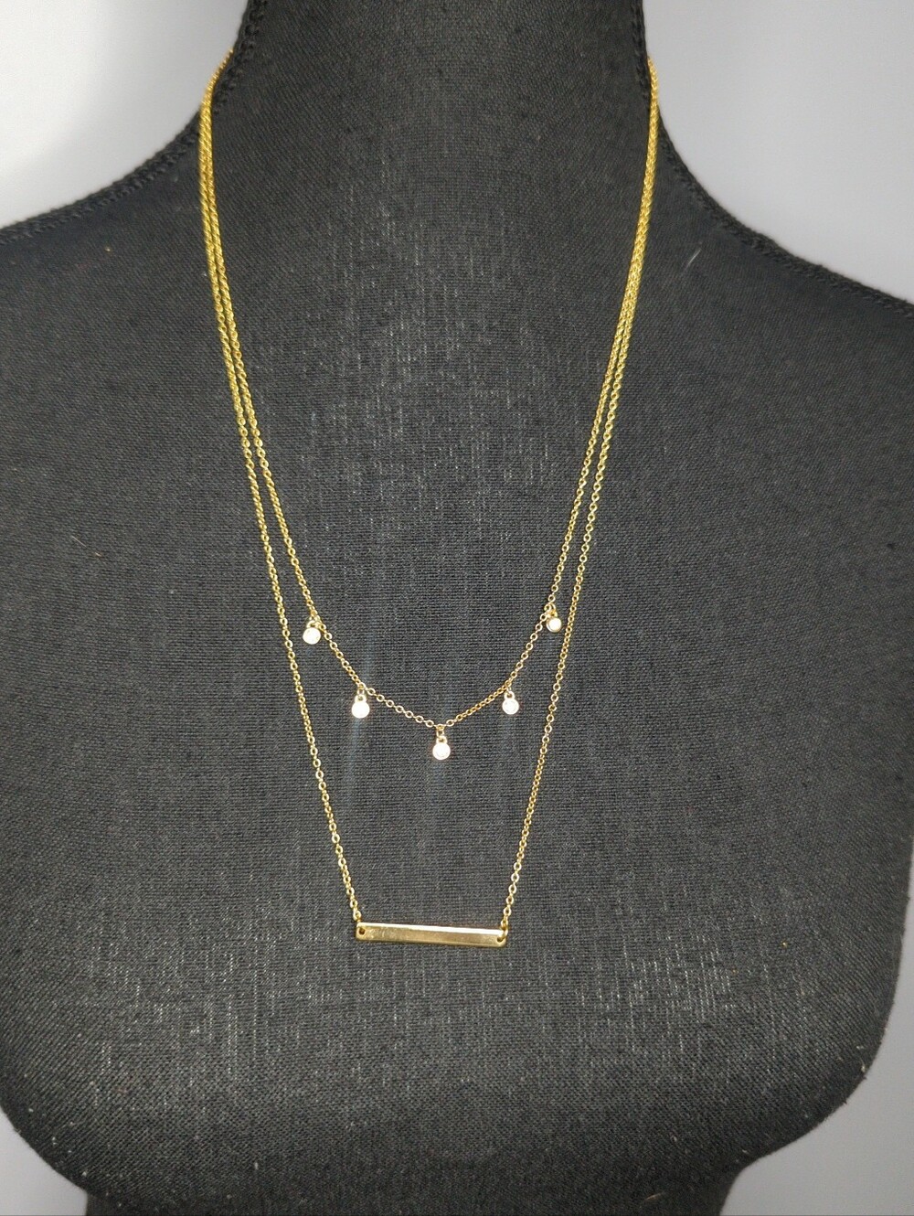 Gold Tone Double Strand Layered Necklace Rhinestone Pendant Minimalist